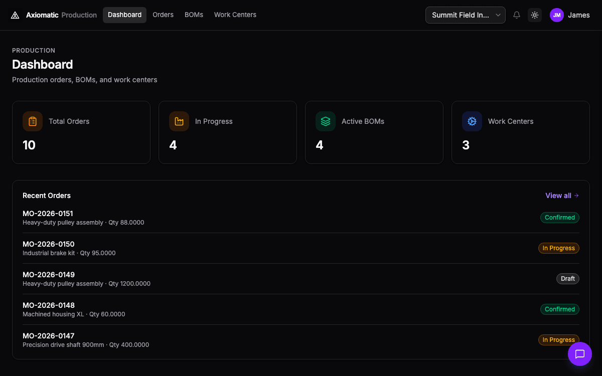 Production — BOMs, work centers, and orders in Axiomatic