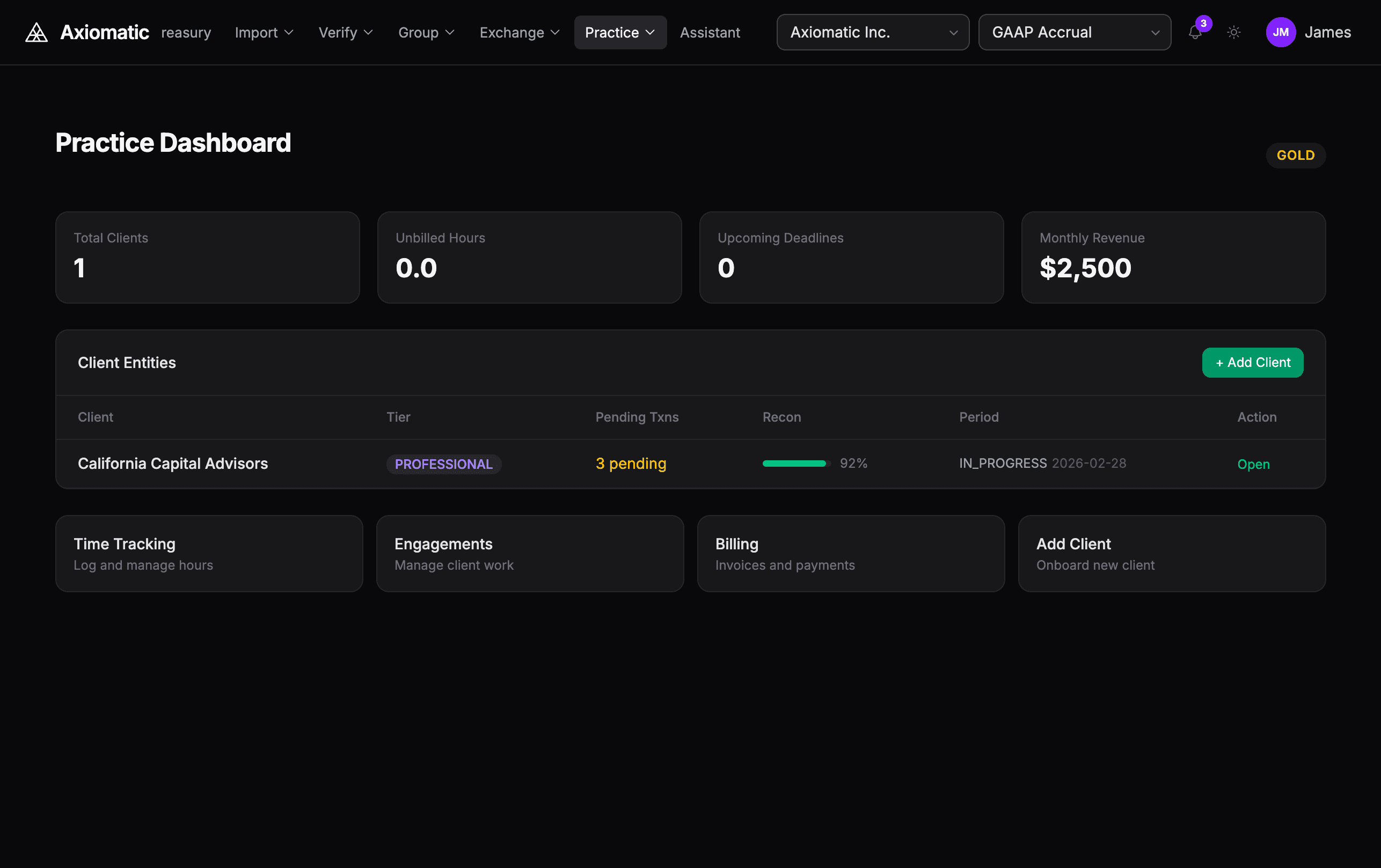 Practice Dashboard showing client entities, reconciliation progress, time tracking, and billing
