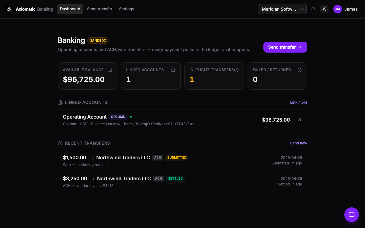 Banking — operating account, transfers, and cards in Axiomatic